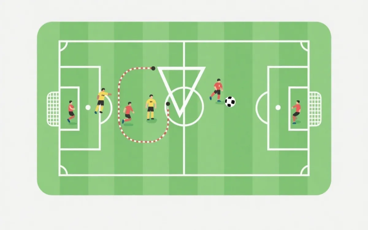 纵向转换战术可视化：从抢断点到肋部直塞再到倒三角终结的路线示意